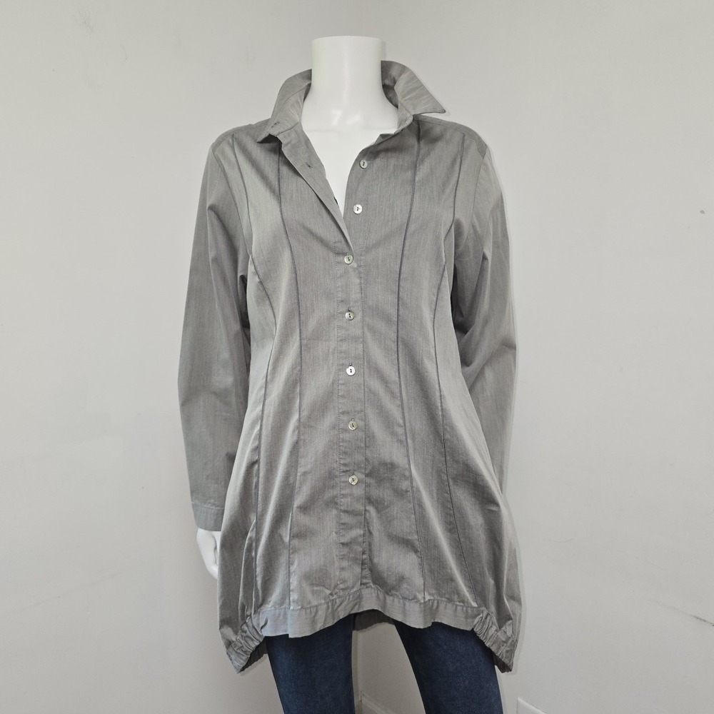 Comfy USA Blouse Stitched Seams Bubble Hem Button Down Size L Lagenlook Artsy